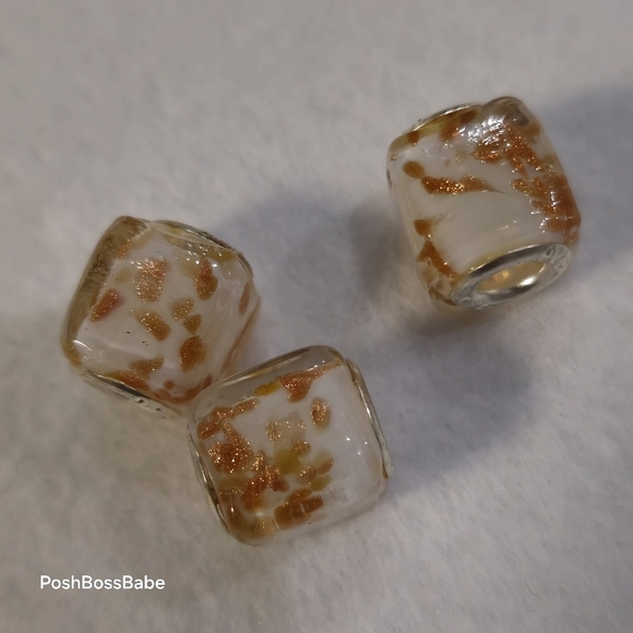 Set of 3 White Gold Murano Glass Square European Beads 925 Sterling Silver Core - Picture 7 of 7